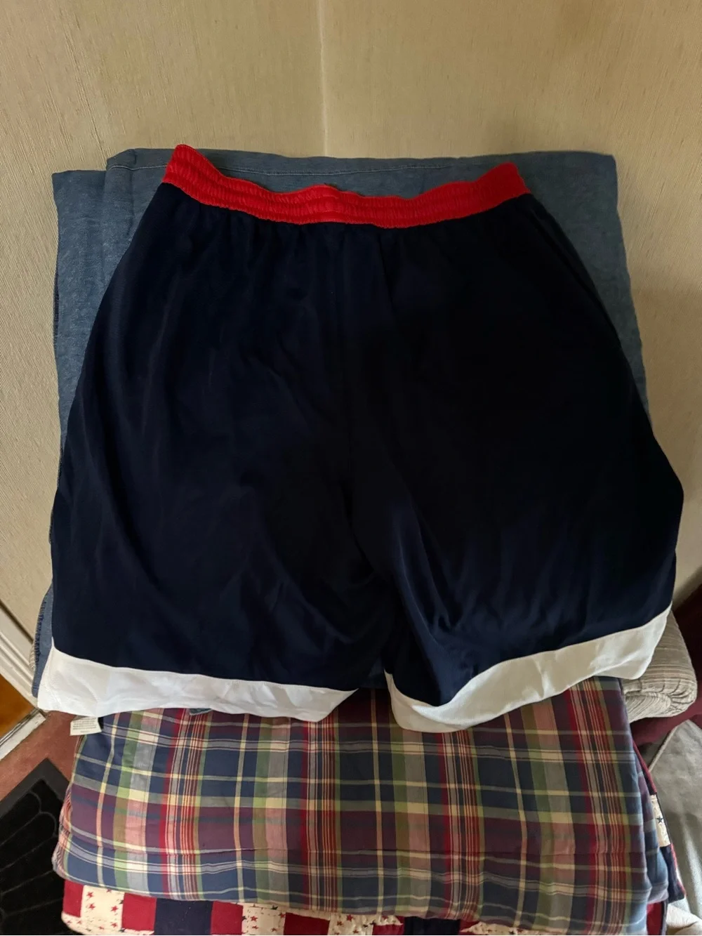 Nike Dri-Fit Navy Blue Shorts with Red Stitching and White Swoosh